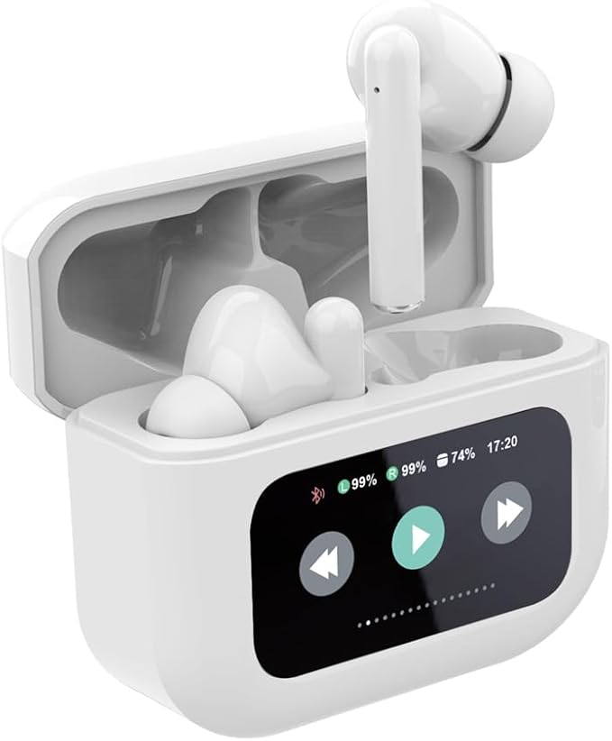 【2024新登場】ワイヤレスイヤホン Bluetooth 5.4 イヤホン タッチディスプレイ付き 液晶搭載ケース ANCノイズキャンセリング Hi-Fi音質 カナル型 左右分離型 片耳/両耳 タッチ操作 装着感快適 マイク内蔵 ハンズフリー通話(ホワイト)